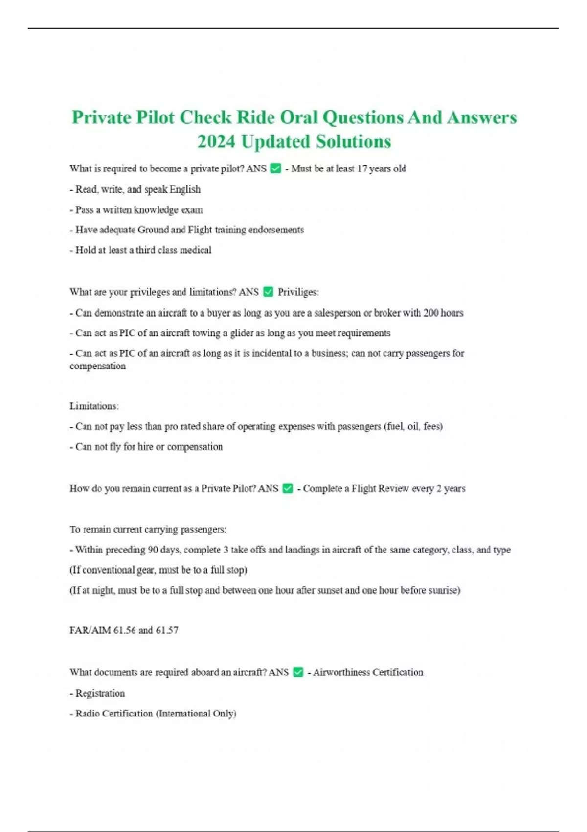 Check Ride Pilot Pics Private Pilot Check Ride Oral Questions And Answers 2024 Updated ...