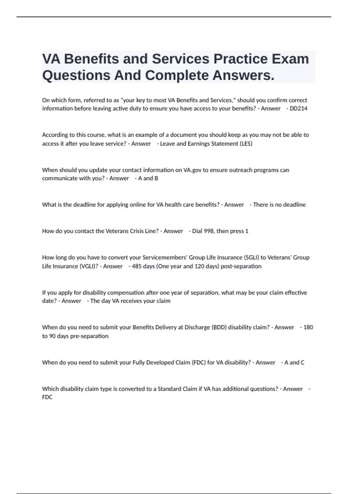 VA Benefits and Services Practice Exam Questions And Complete Answers. - VA Training - Stuvia US