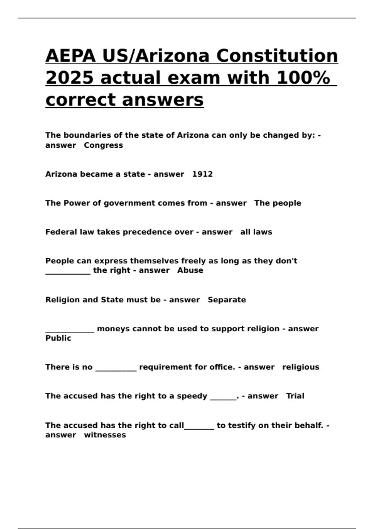 AEPA US Arizona Constitution 2025 actual exam with 100- correct answers ...
