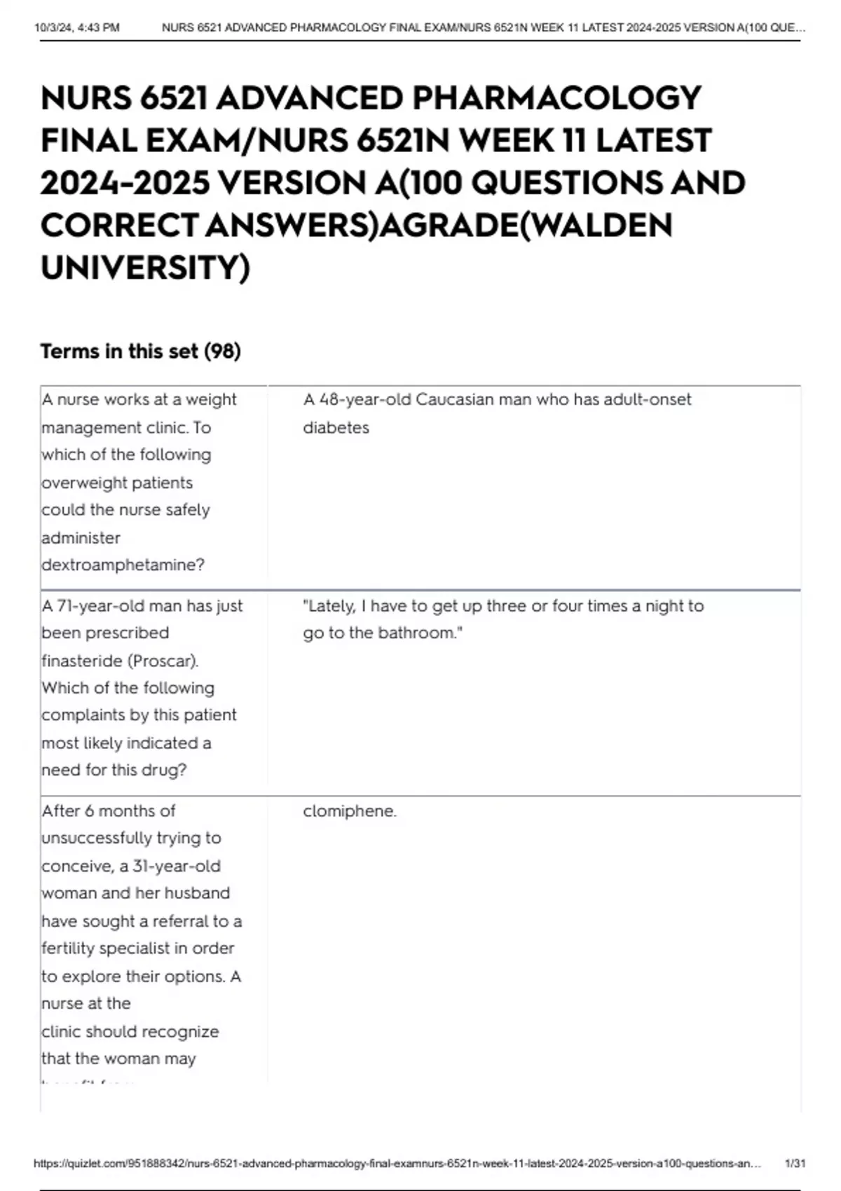 NURS 6521 ADVANCED PHARMACOLOGY FINAL EXAM/NURS 6521N WEEK 11 LATEST ...