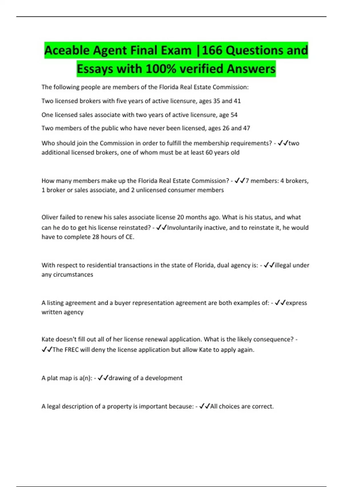 Aceable Agent Final Exam |166 Questions and Essays with 100% verified Answers - Aceable Agent ...