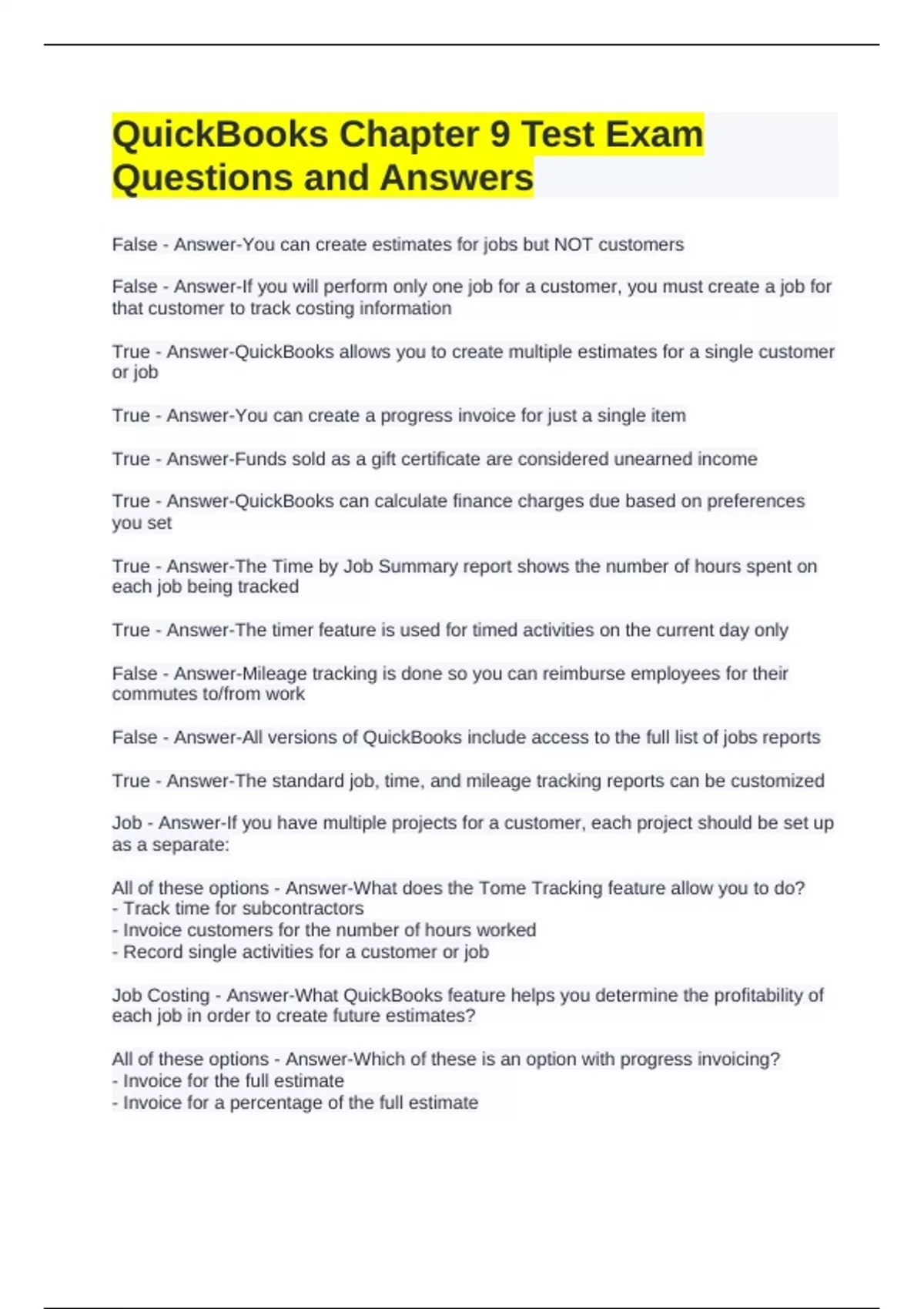 QuickBooks Chapter 9 Test Exam Questions and Answers - Quickbooks ...