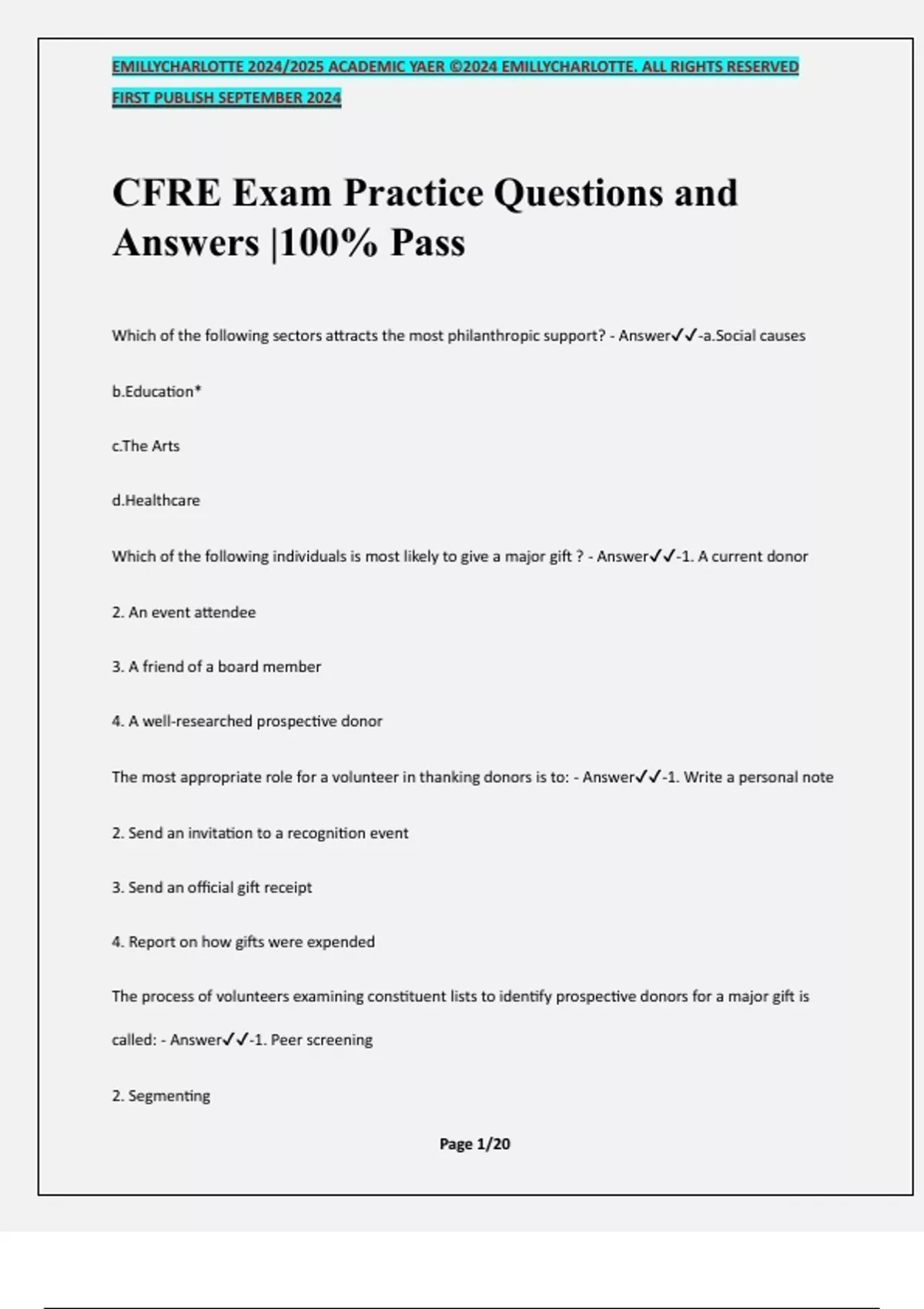 CFRE Exam Practice Questions and Answers |100% Pass - CFRE - Certified ...