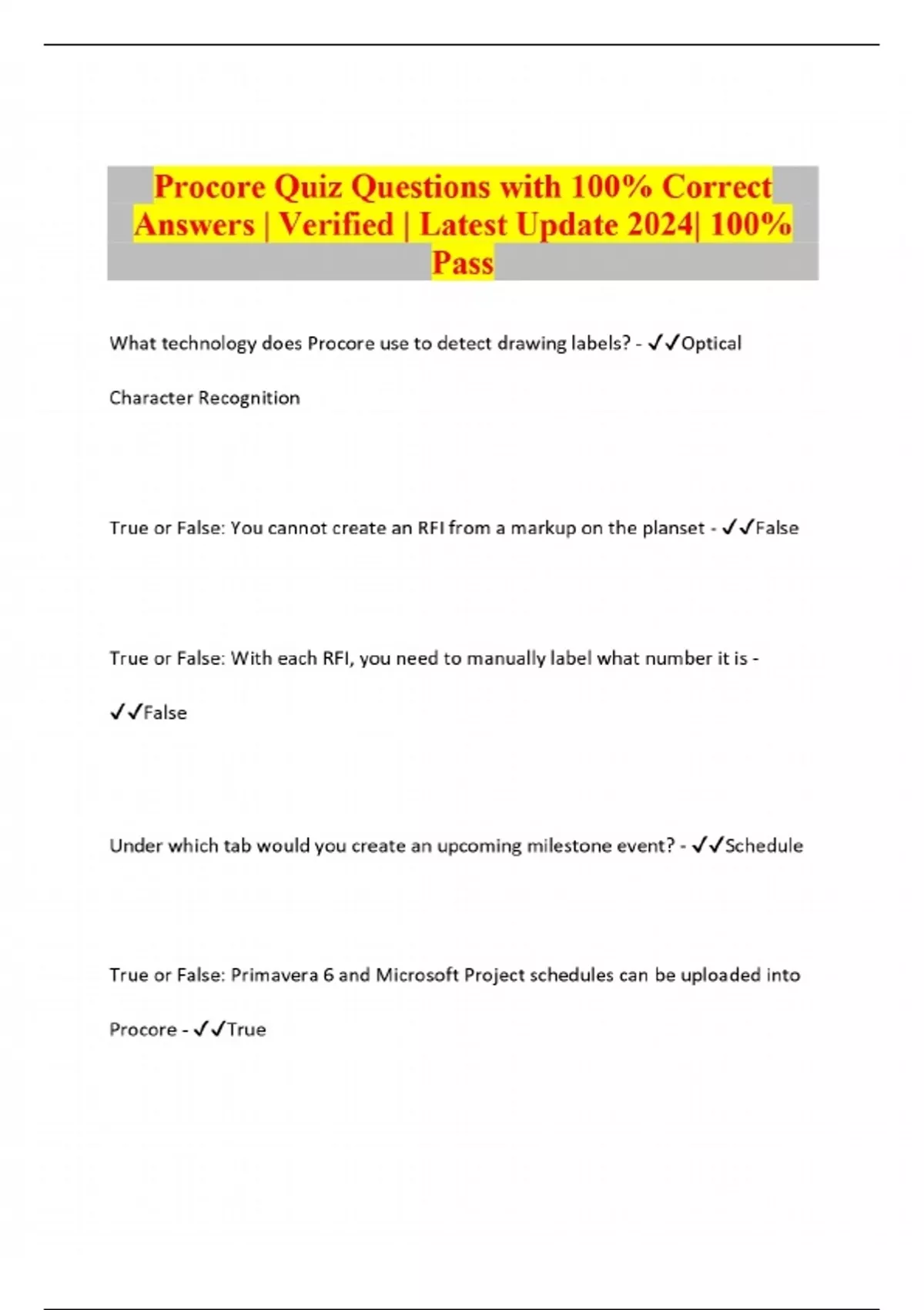 Trackcore Questions Procore Quiz Questions with 100% Correct Answers | Verified | Latest ...