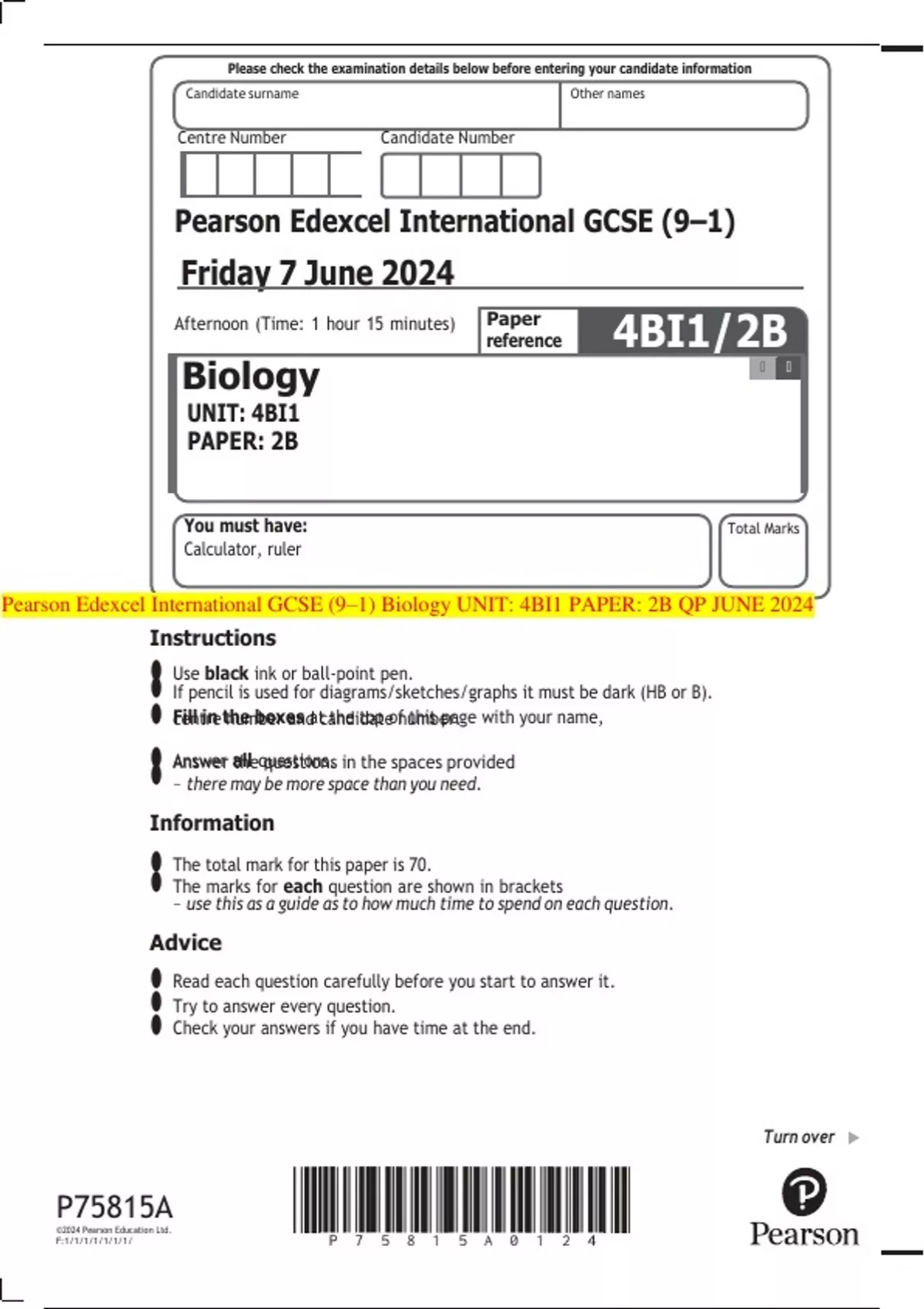 Pearson Edexcel International GCSE (9–1) Biology UNIT: 4BI1 PAPER: 2B ...