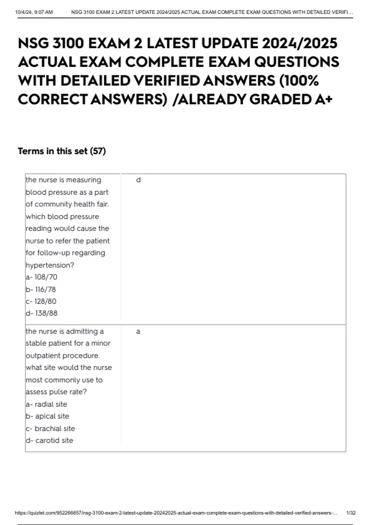 NSG 3100 EXAM 2 LATEST UPDATE 2024/2025 ACTUAL EXAM COMPLETE EXAM ...