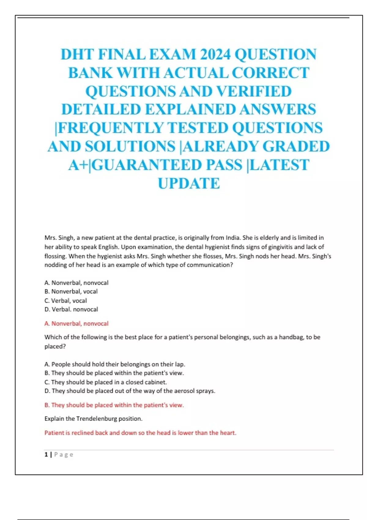 DHT FINAL EXAM 2024 QUESTION BANK WITH ACTUAL CORRECT QUESTIONS AND ...