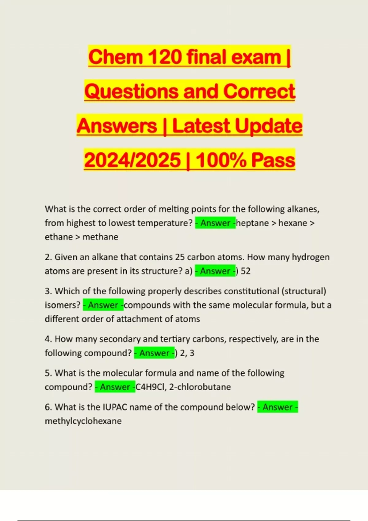 Chem 120 final exam | Questions and Correct Answers | Latest Update ...