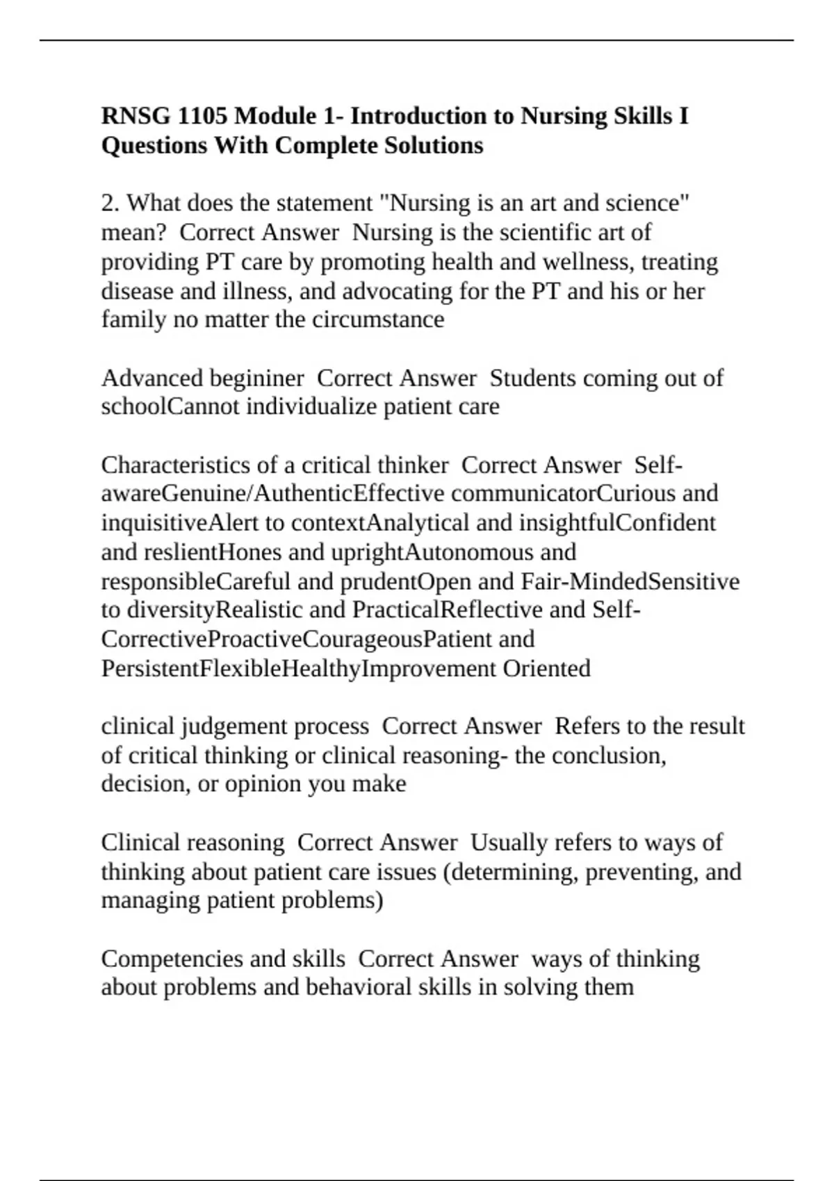 RNSG 1105 Module 1- Introduction to Nursing Skills I Questions With ...