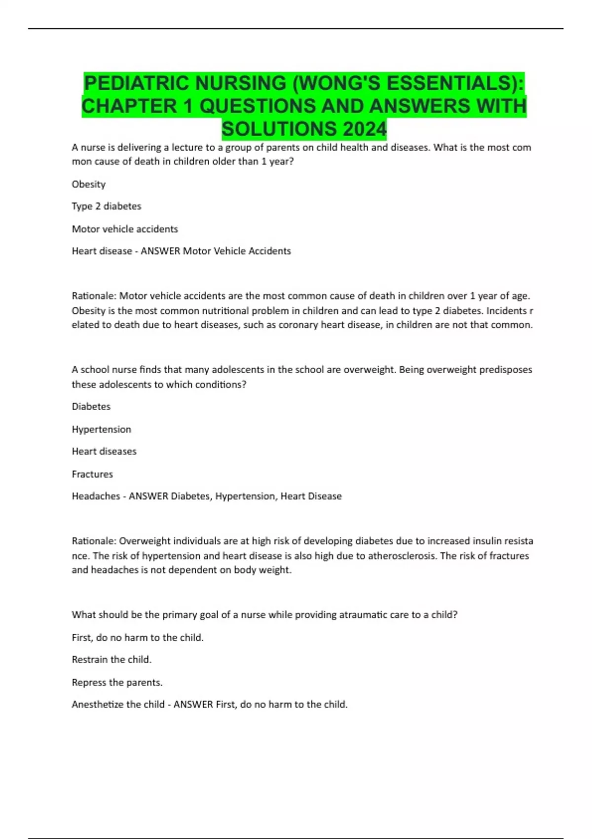 PEDIATRIC NURSING (WONG'S ESSENTIALS): CHAPTER 1 QUESTIONS AND ANSWERS ...