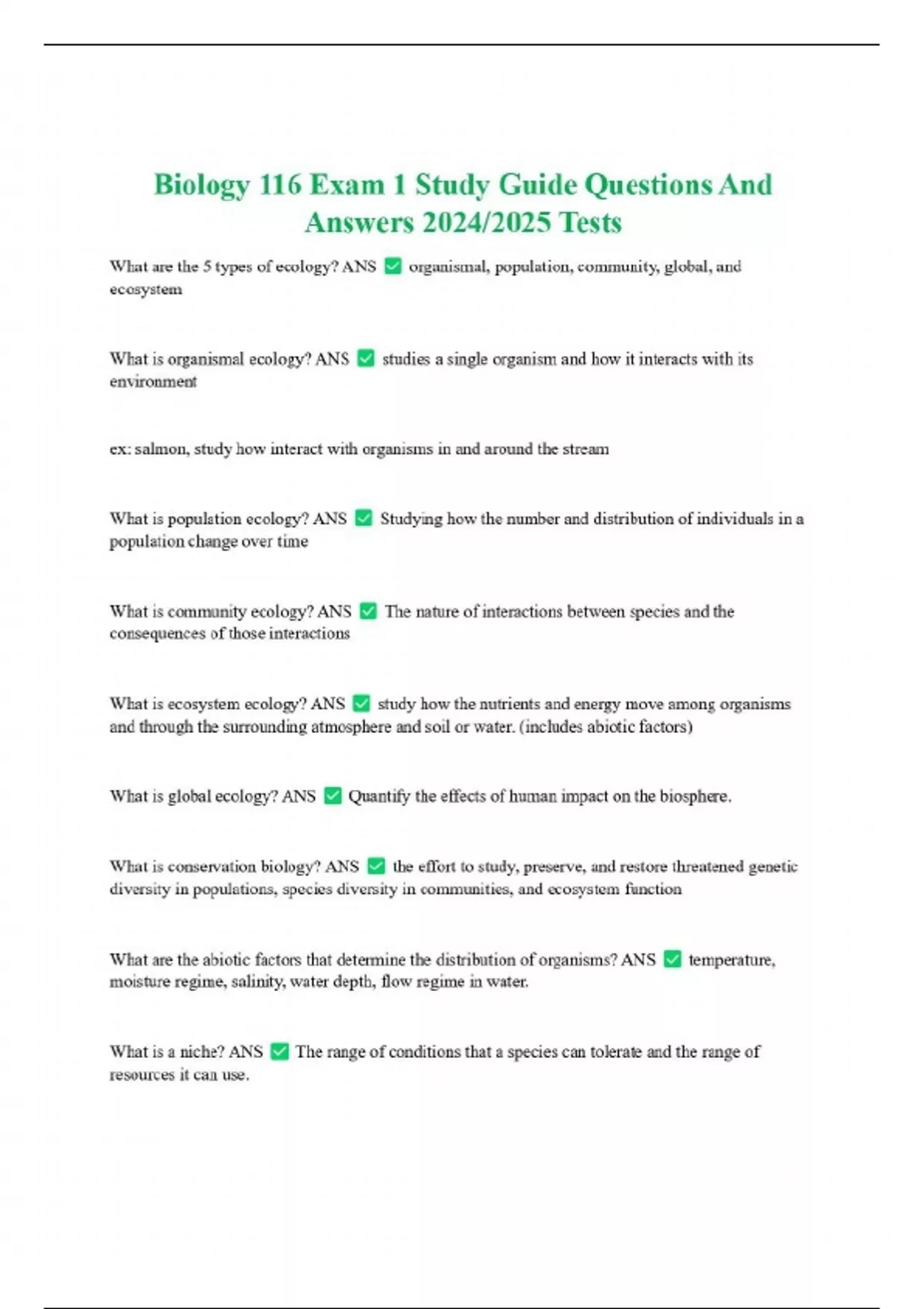 Biology 116 Exam 1 Study Guide Questions And Answers 2024/2025 Tests ...