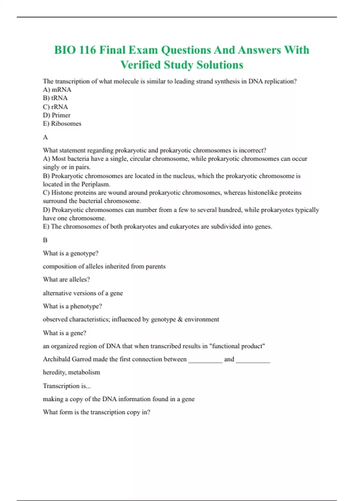 BIO 116 Final Exam Questions And Answers With Verified Study Solutions ...