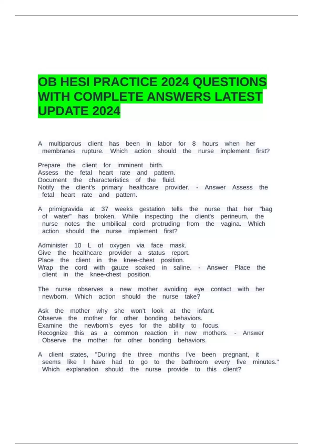 OB HESI PRACTICE 2024 QUESTIONS WITH COMPLETE ANSWERS LATEST UPDATE ...
