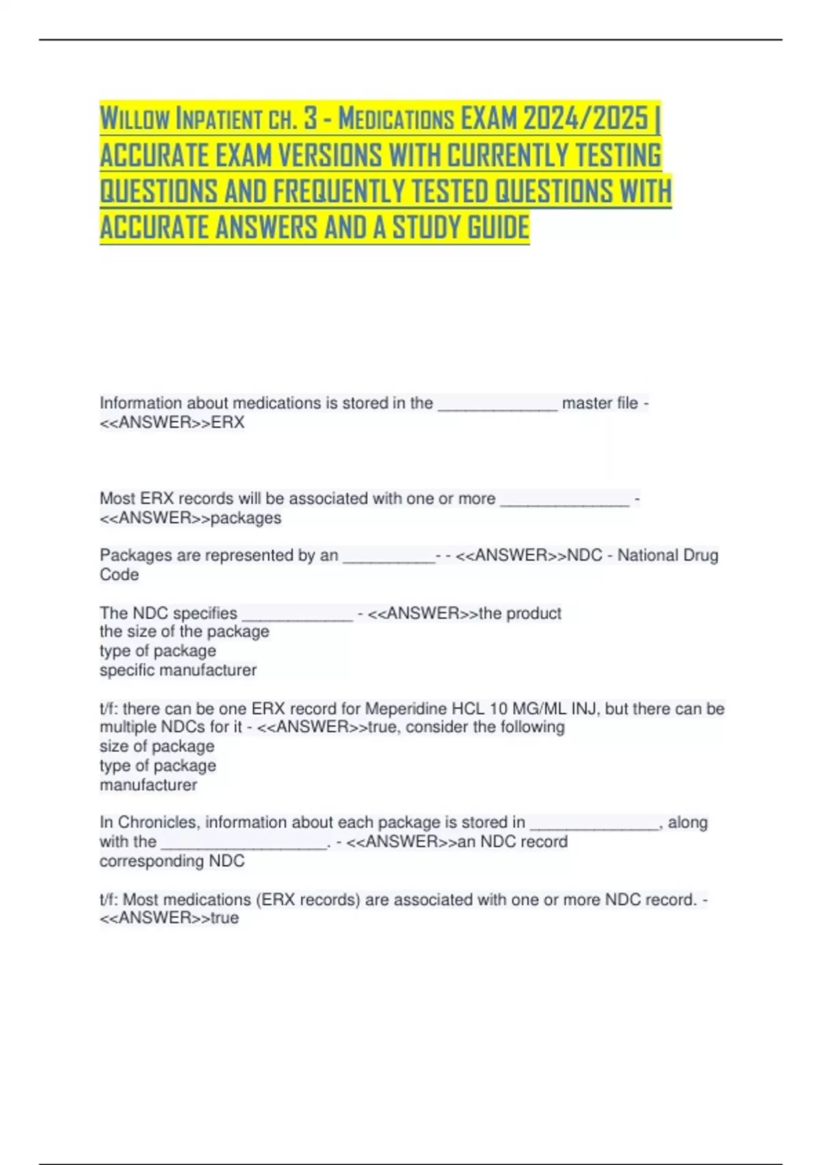 WILLOW INPATIENT CH. 3 - MEDICATIONS EXAM 2024/2025 | ACCURATE EXAM ...
