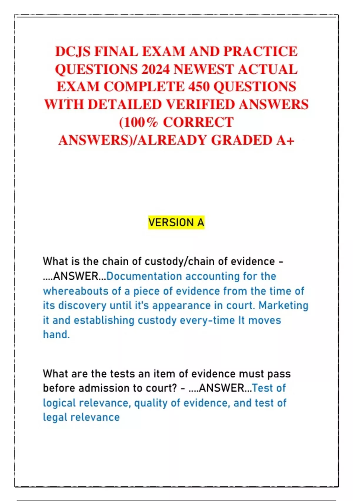 Dcjs Paper DCJS FINAL EXAM AND PRACTICE QUESTIONS 2024 NEWEST ACTUAL EXAM COMPLETE ...