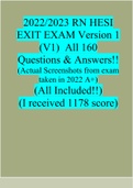 HESI EXIT RN V1, V2, V3, V4, V5 ,V6 EXAM Latest 2023 - 2024   [ TWO HESI EXIT V1 EXAM 2022 ALL VERSIONS WITH FULL 160  Questions With Correct Answers 100% Verified