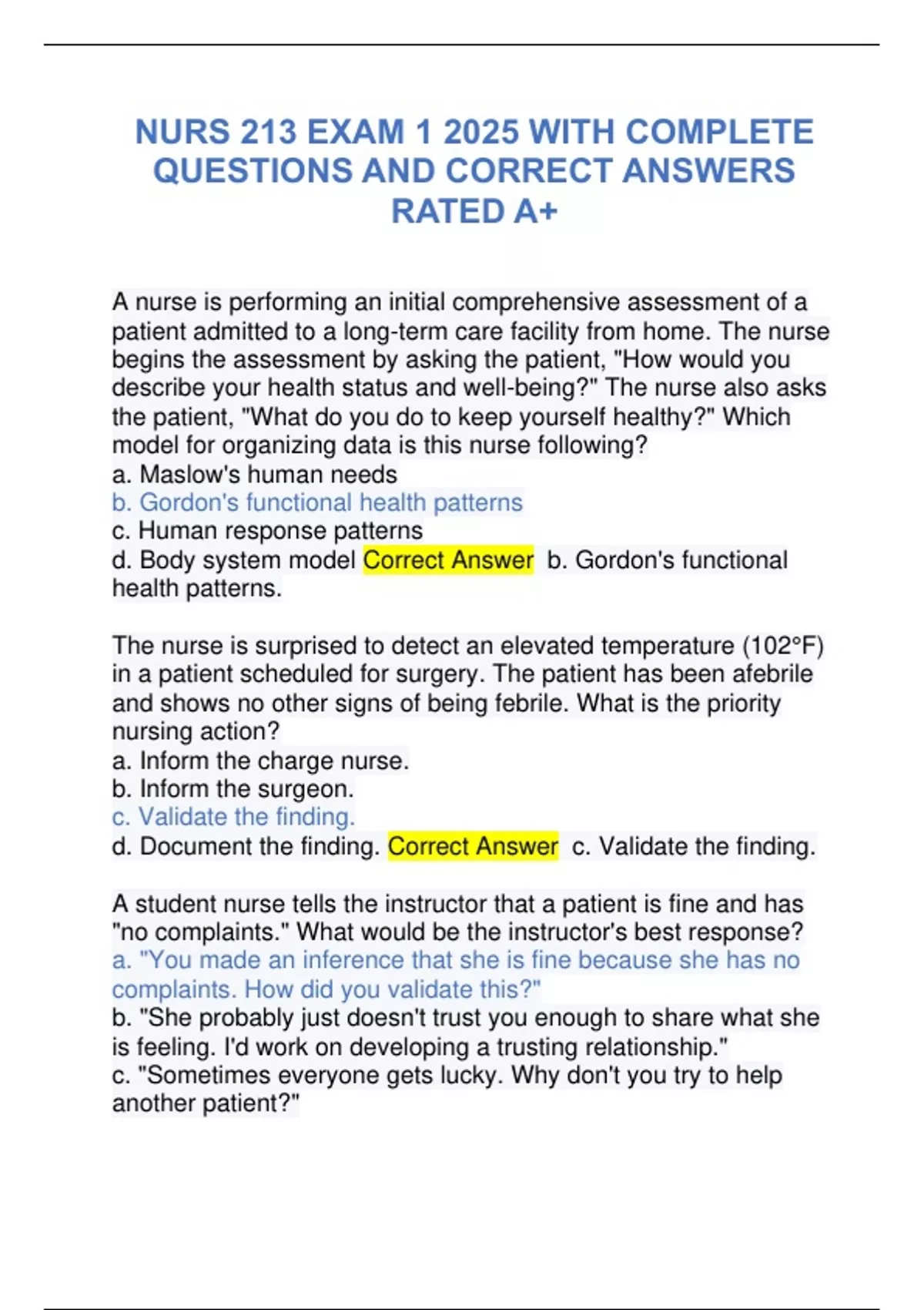 NURS 213 EXAM 1 2025 WITH COMPLETE QUESTIONS AND CORRECT ANSWERS RATED ...