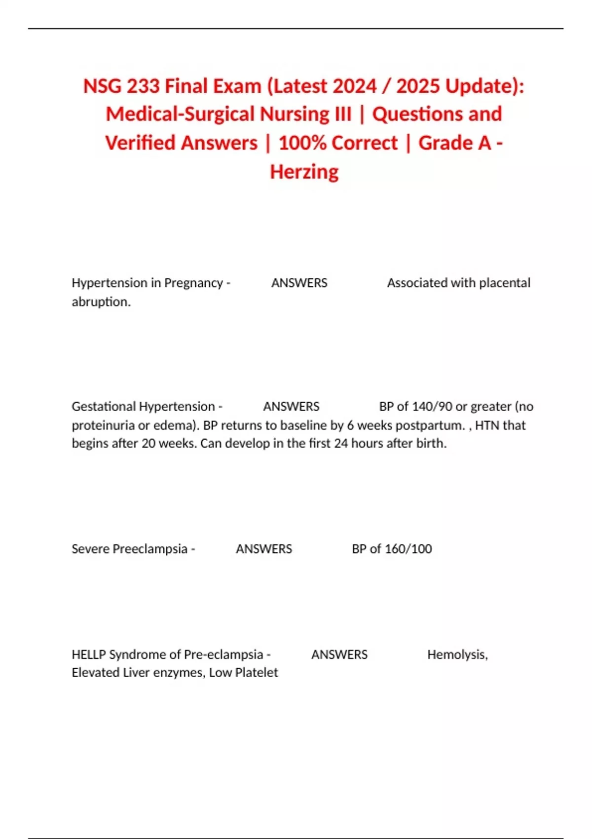 NSG 233 Final Exam (Latest 2024 / 2025 Update): Medical-Surgical ...