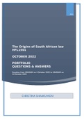The Origins of South African law HFL1501  OCTOBER 2022  PORTFOLIO P QUESTIONS & ANSWERS
