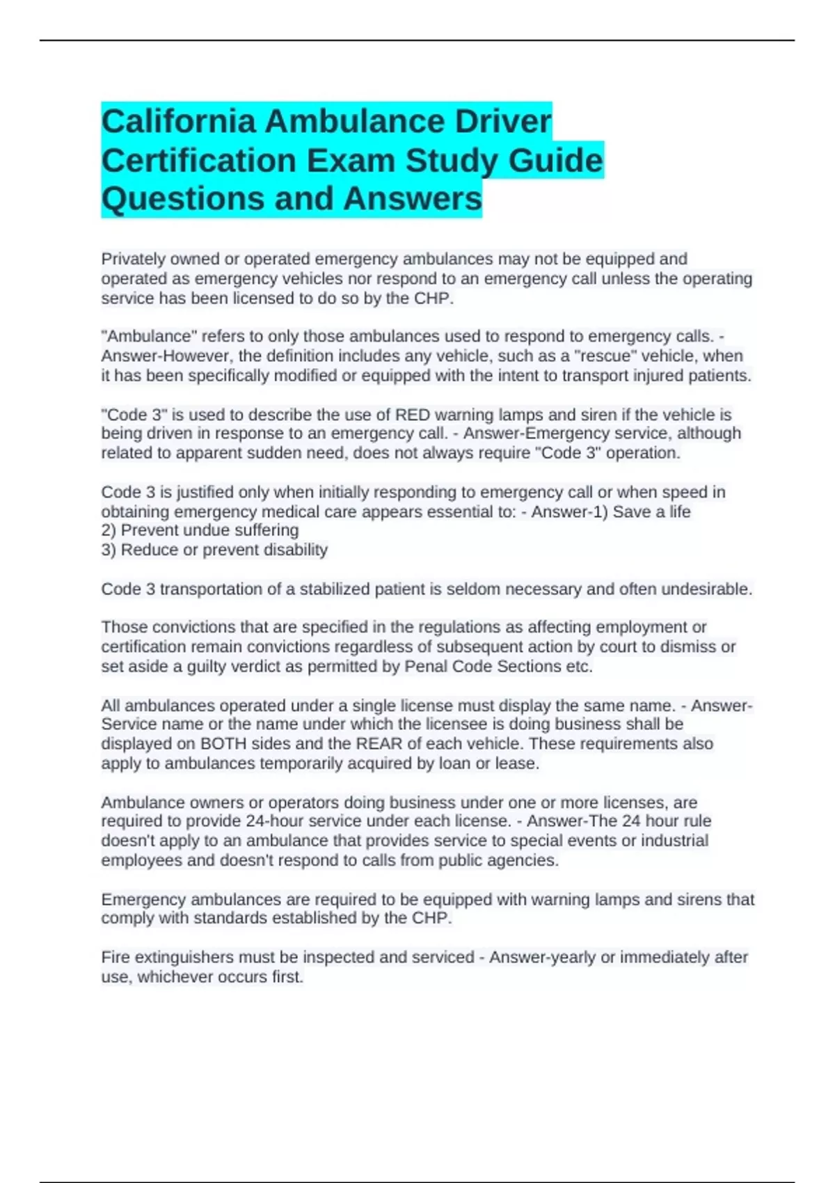 Ambulance Driver Handbook.pdf California Ambulance Driver Certification Exam Study Guide Questions ...
