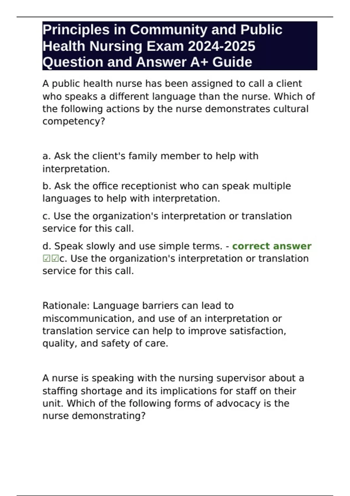 Principles in Community and Public Health Nursing Exam Question and ...
