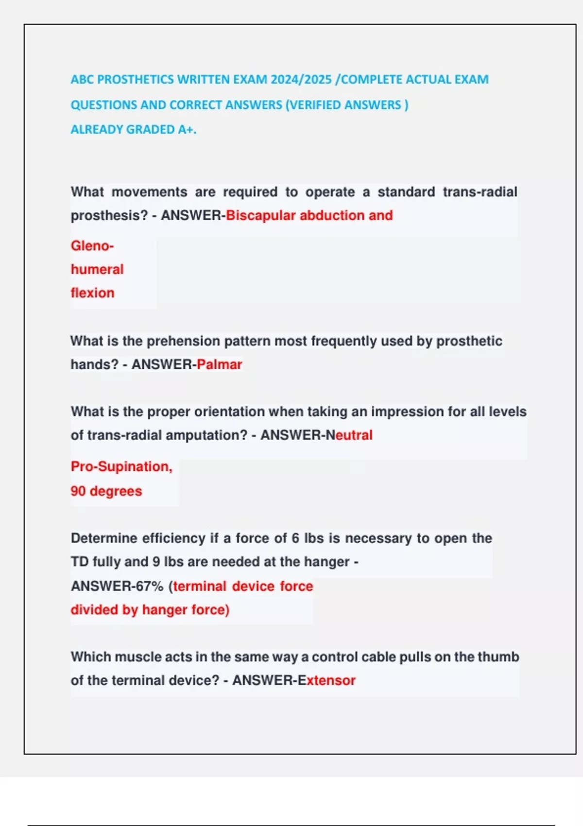 ABC PROSTHETICS WRITTEN EXAM 2024/2025 /COMPLETE ACTUAL EXAM QUESTIONS ...