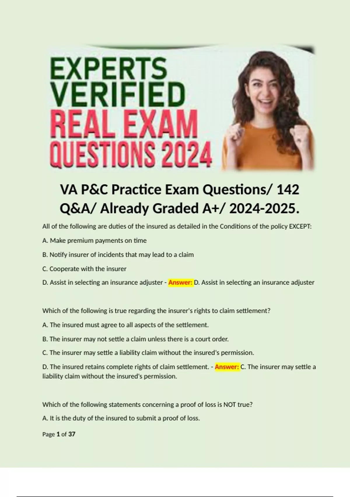 VA P&C Practice Exam Questions/ 142 Q&A/ Already Graded A+/ . - VA P&C ...