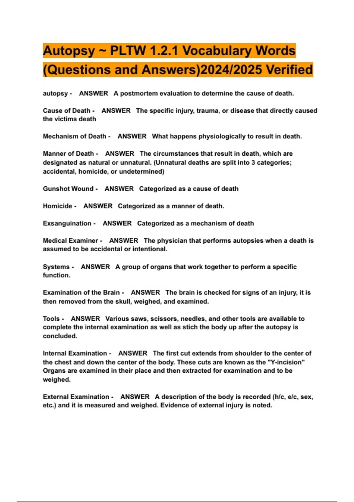 Autopsy ~ PLTW 1.2.1 Vocabulary Words (Questions and Answers)2024/2025 ...