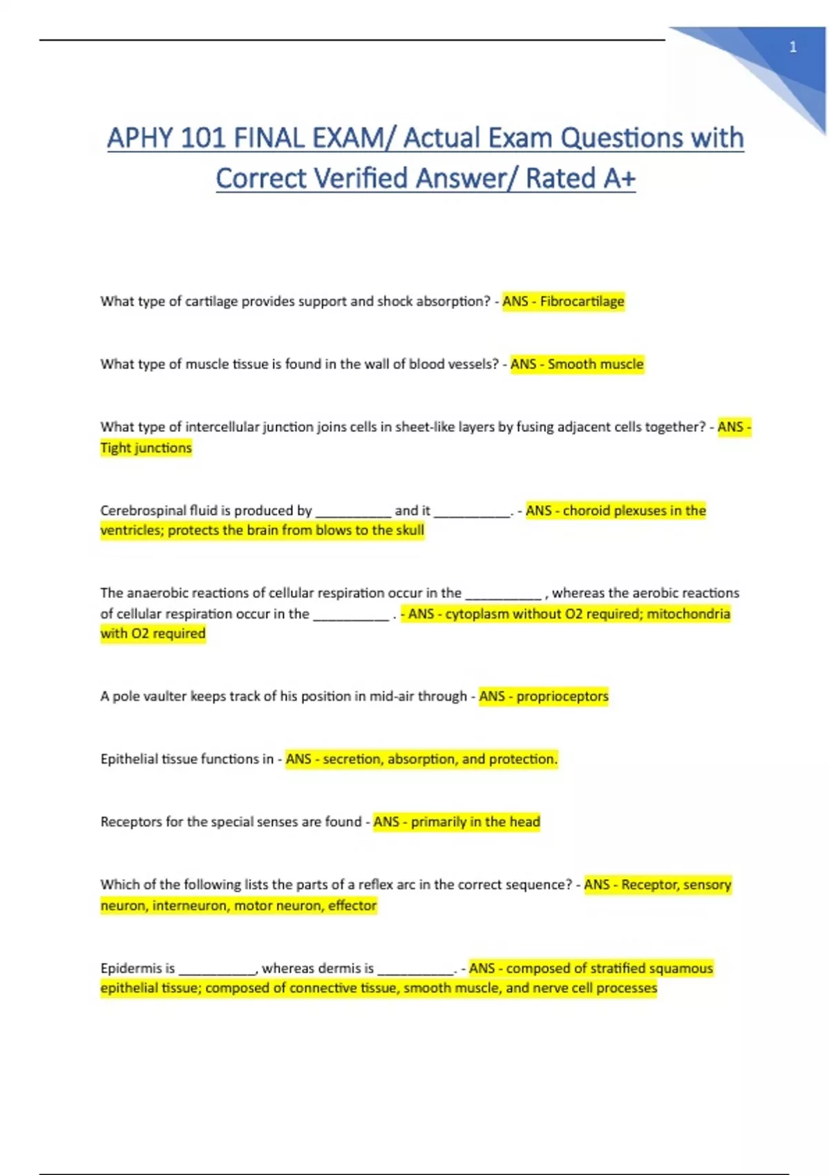 APHY 101 EXAMS LATEST APHY 101 FINAL EXAM Questions with 100% Verified ...