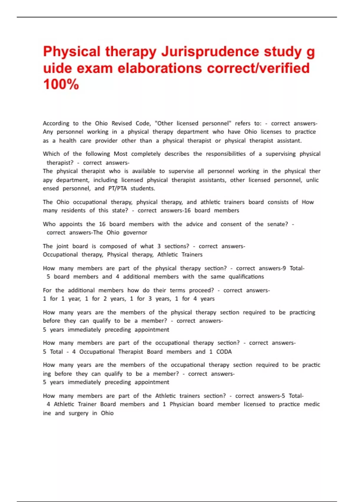 Physical therapy Jurisprudence study guide exam elaborations correct/verified 100% ...