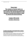 Essay HRV1601 - The violation of human rights in a  country like South Africa (or a country of  your choice). Pay special attention to the  situation of women and children in light  of cultural and social practices(HRV1601) 