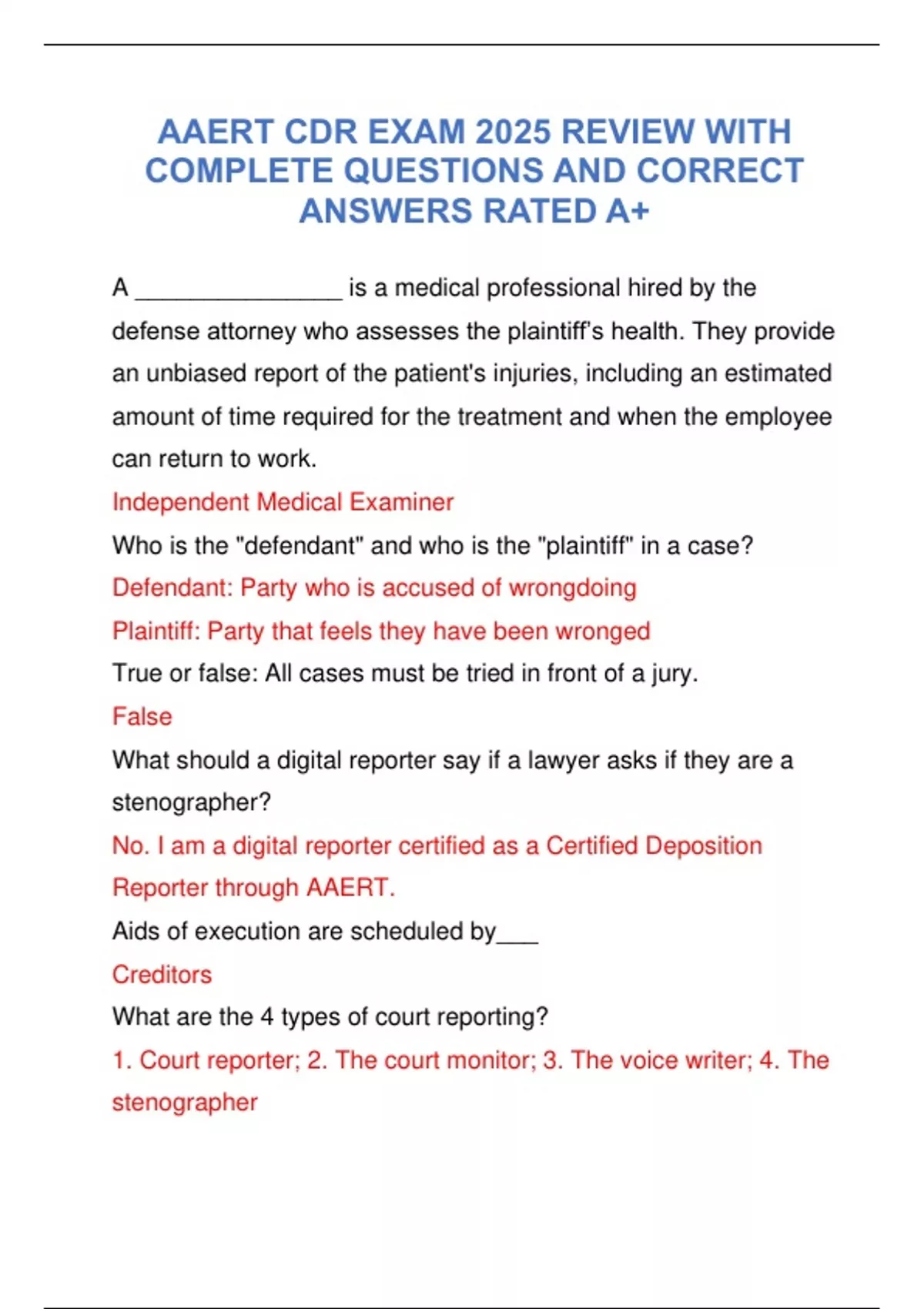 AAERT CDR EXAM 2025 REVIEW WITH COMPLETE QUESTIONS AND CORRECT ANSWERS ...
