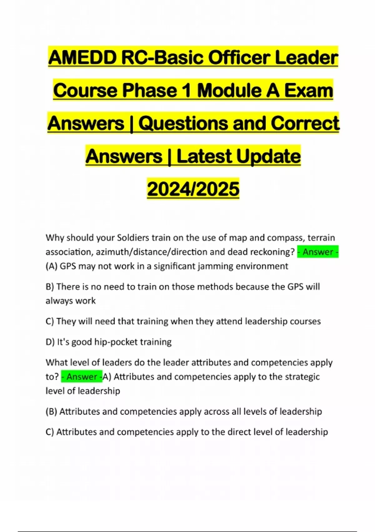 AMEDD RC-Basic Officer Leader Course Phase 1 Module A Exam Answers ...