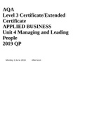 AQA Level 3 Certificate/Extended Certificate APPLIED BUSINESS Unit 4 Managing and Leading People 2019 QP