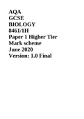 AQA GCSE BIOLOGY 8461/1H Paper 1 Higher Tier Mark scheme June 2020