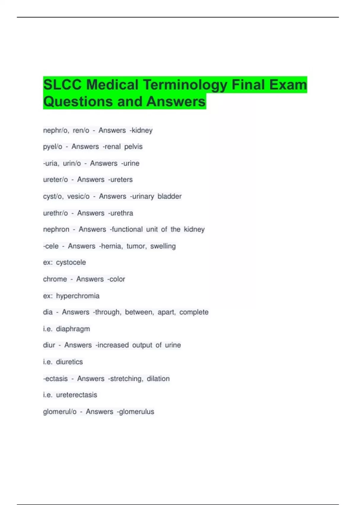 SLCC Medical Terminology Final Exam Questions and Answers - SLCC ...