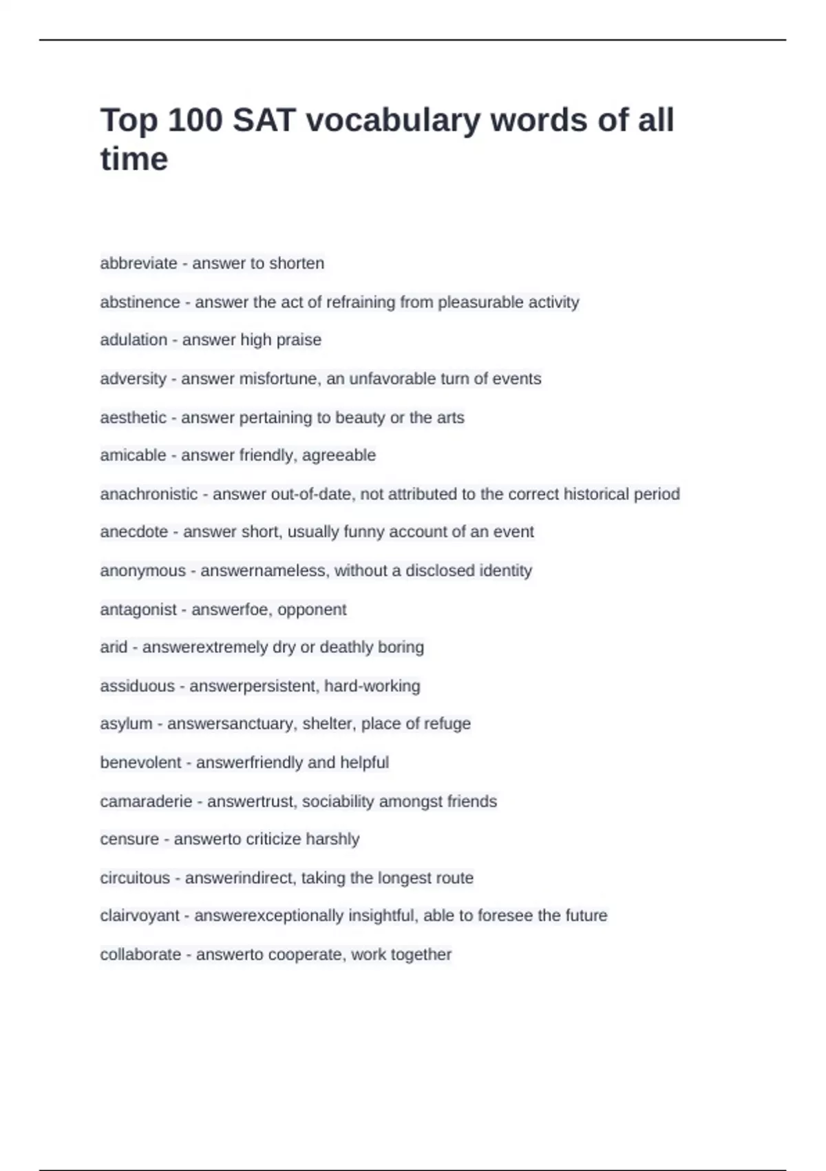 Top 100 SAT vocabulary words of all time Questions and Answers 2024 ...
