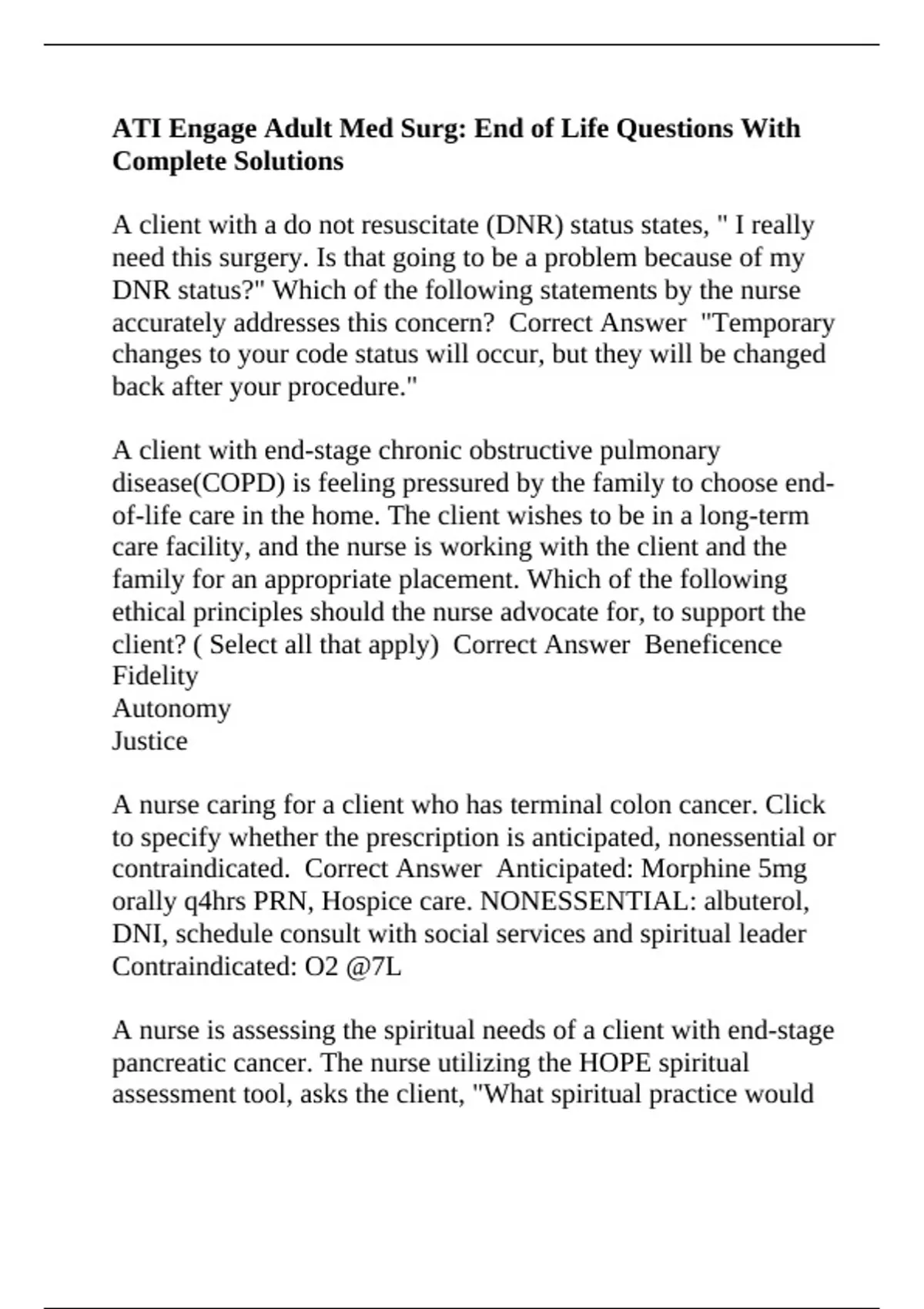 ATI Engage Adult Med Surg: End of Life Questions With Complete ...