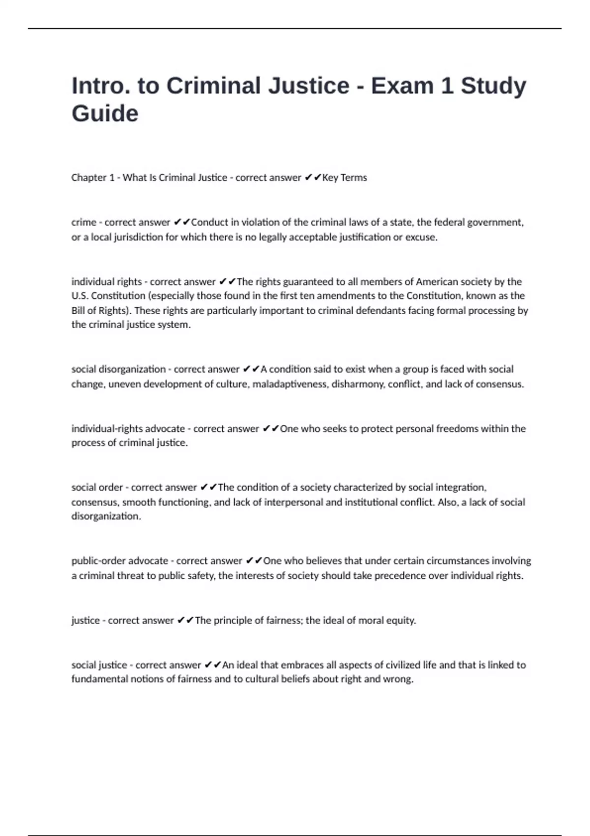 Intro. to Criminal Justice - Exam 1 Study Guide questions with answers ...