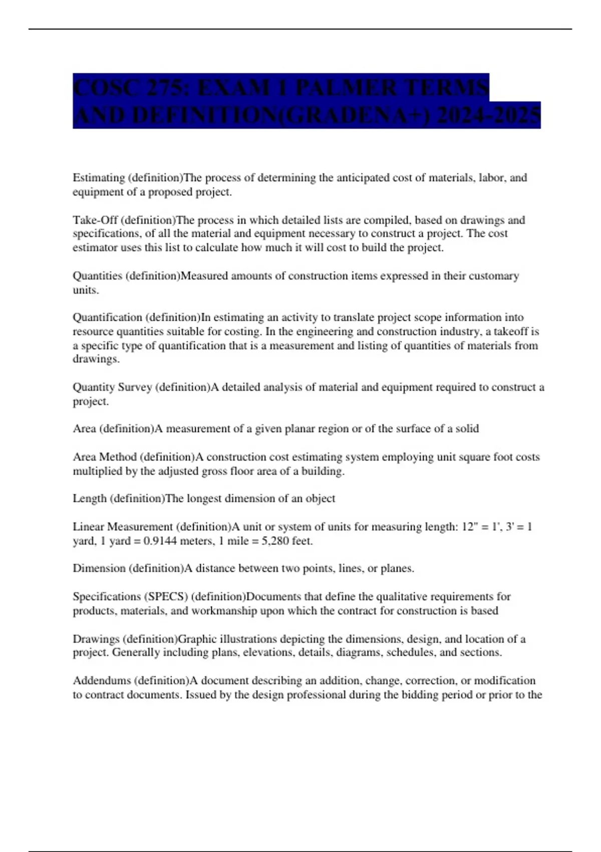 COSC 275 EXAM 1 PALMER TERMS AND DEFINITION(GRADENA+) COSC 275