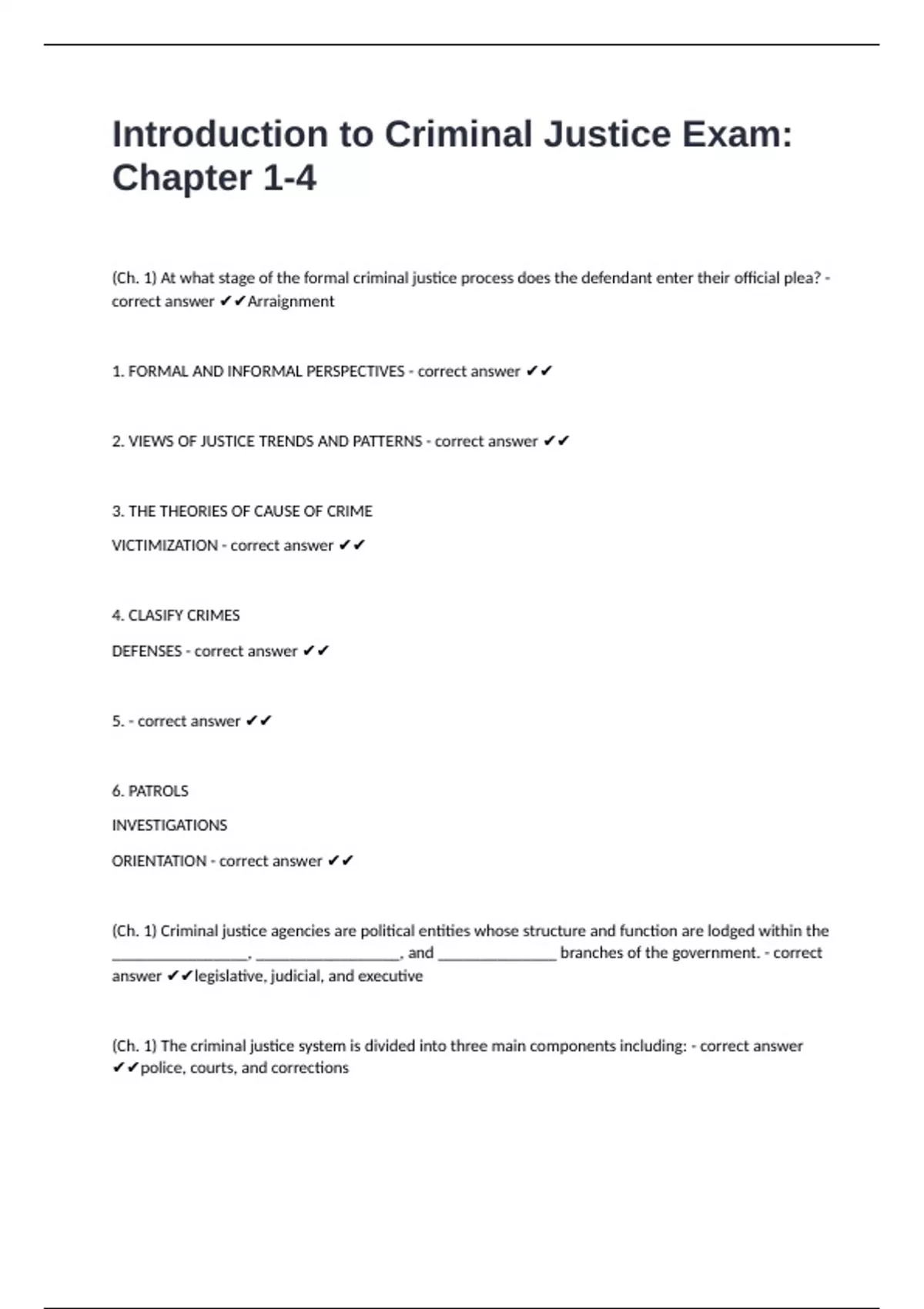 Introduction to Criminal Justice Exam: Chapter 1-4 fully solved A+ ...