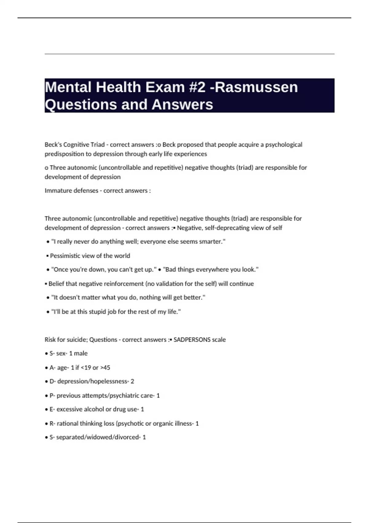 Rasmussen: Mental Health Exam 2 Latest Version(Updated 2024) with ...