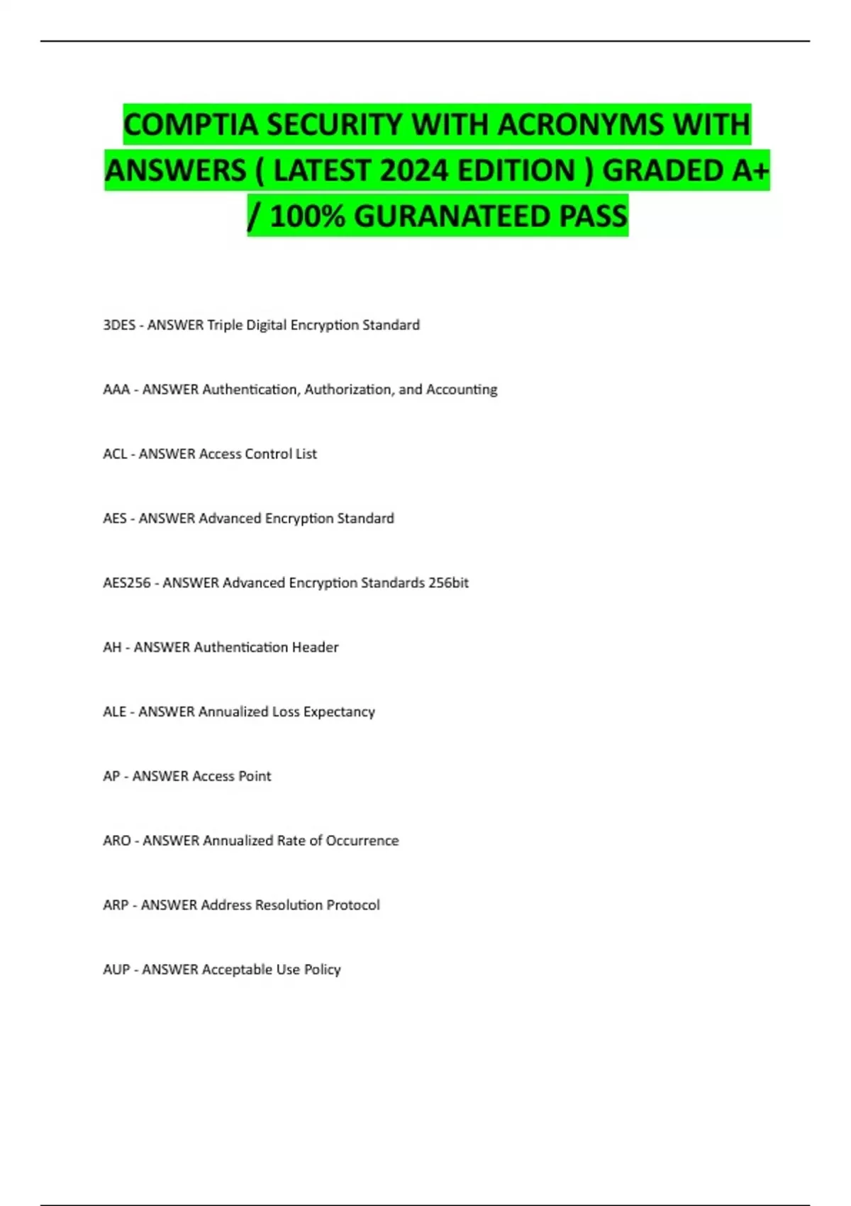 COMPTIA SECURITY WITH ACRONYMS WITH ANSWERS ( LATEST 2024 EDITION ...