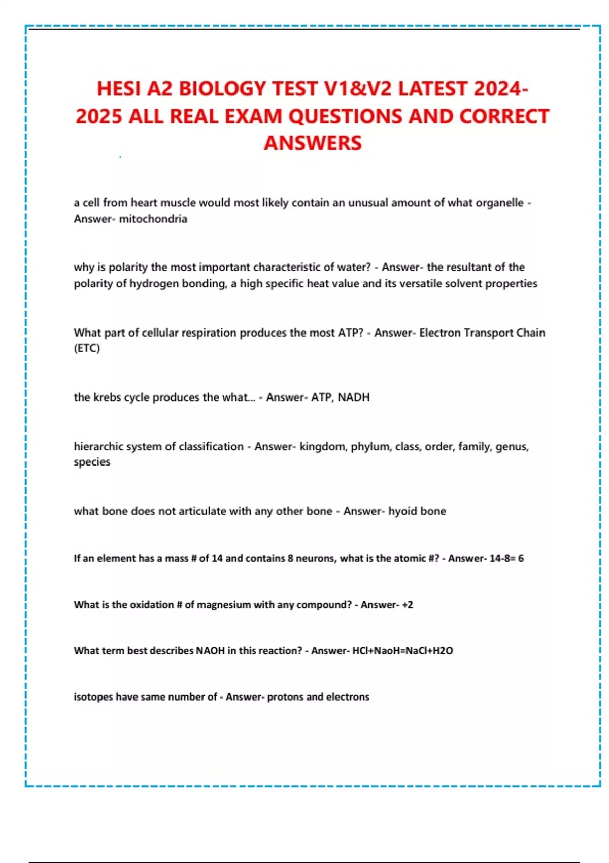 HESI A2 BIOLOGY TEST V1&V2 LATEST ALL REAL EXAM QUESTIONS AND CORRECT ...