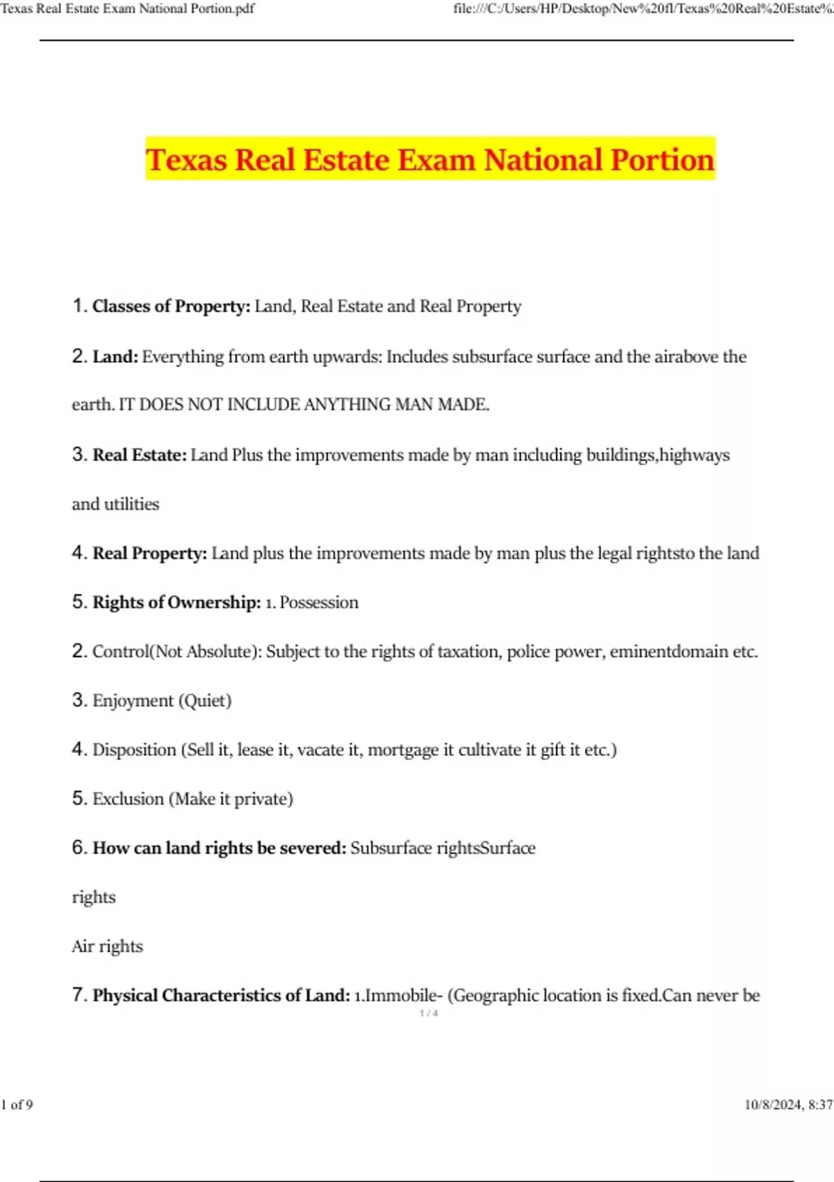 Texas Real Estate Exam 2025 National Portion (2025 / 2026) Questions with Verified Answers, 100% ...