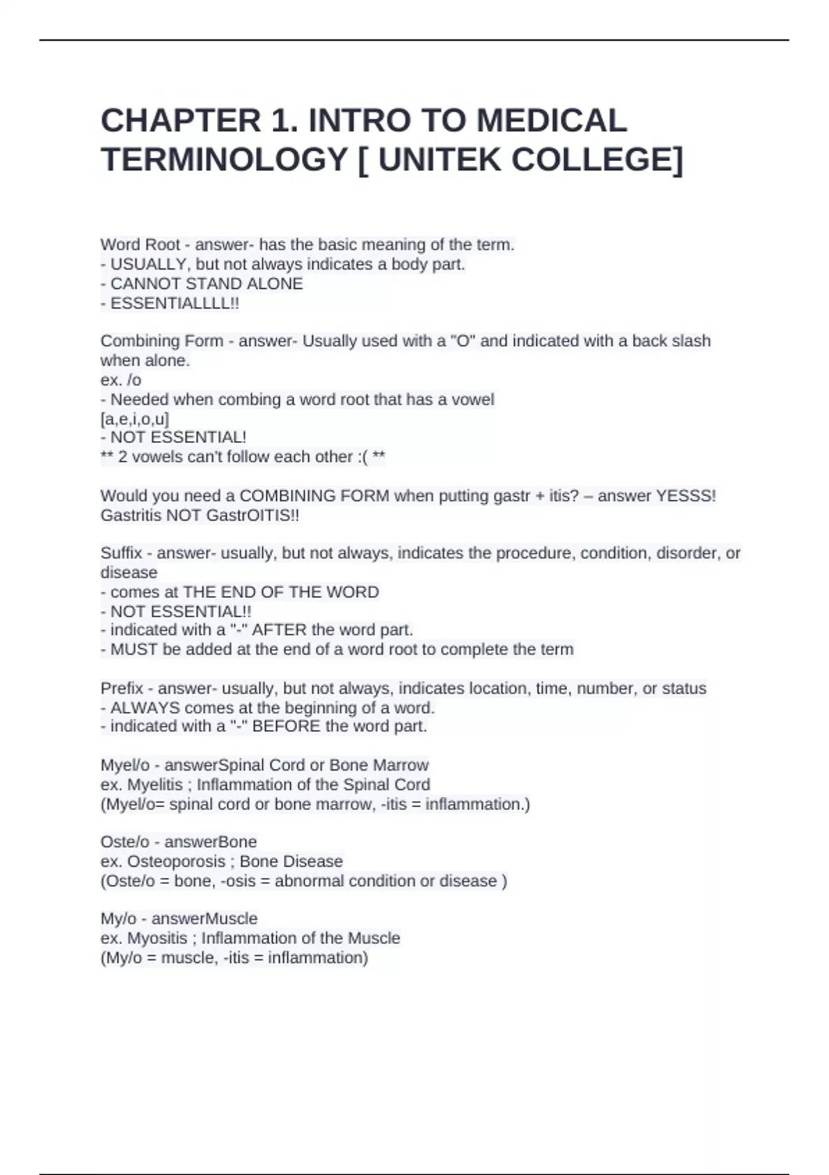 CHAPTER 1. INTRO TO MEDICAL TERMINOLOGY [ UNITEK COLLEGE] QUESTIONS ...