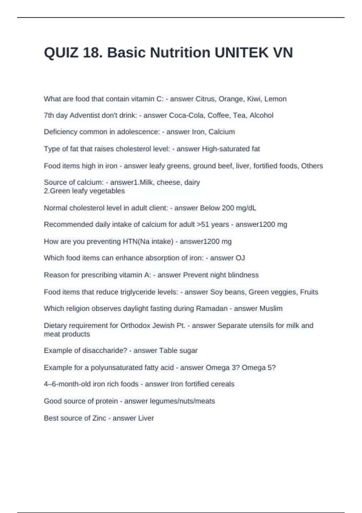 QUIZ 18. Basic Nutrition UNITEK VN Questions and Answers 2024 - UNITEK ...
