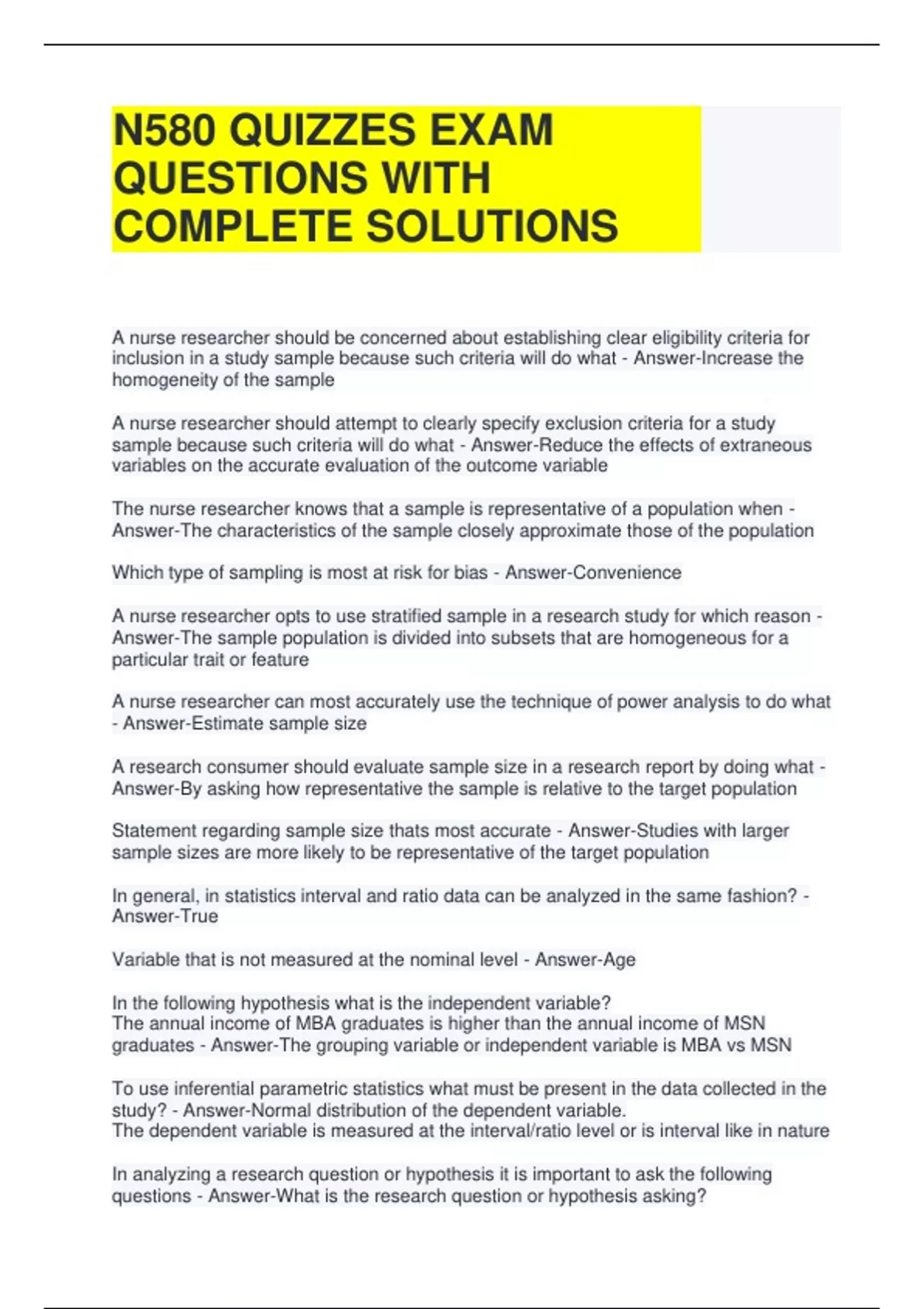 582 Sample Questions N580 QUIZZES EXAM QUESTIONS WITH COMPLETE SOLUTIONS - N580 - Stuvia US
