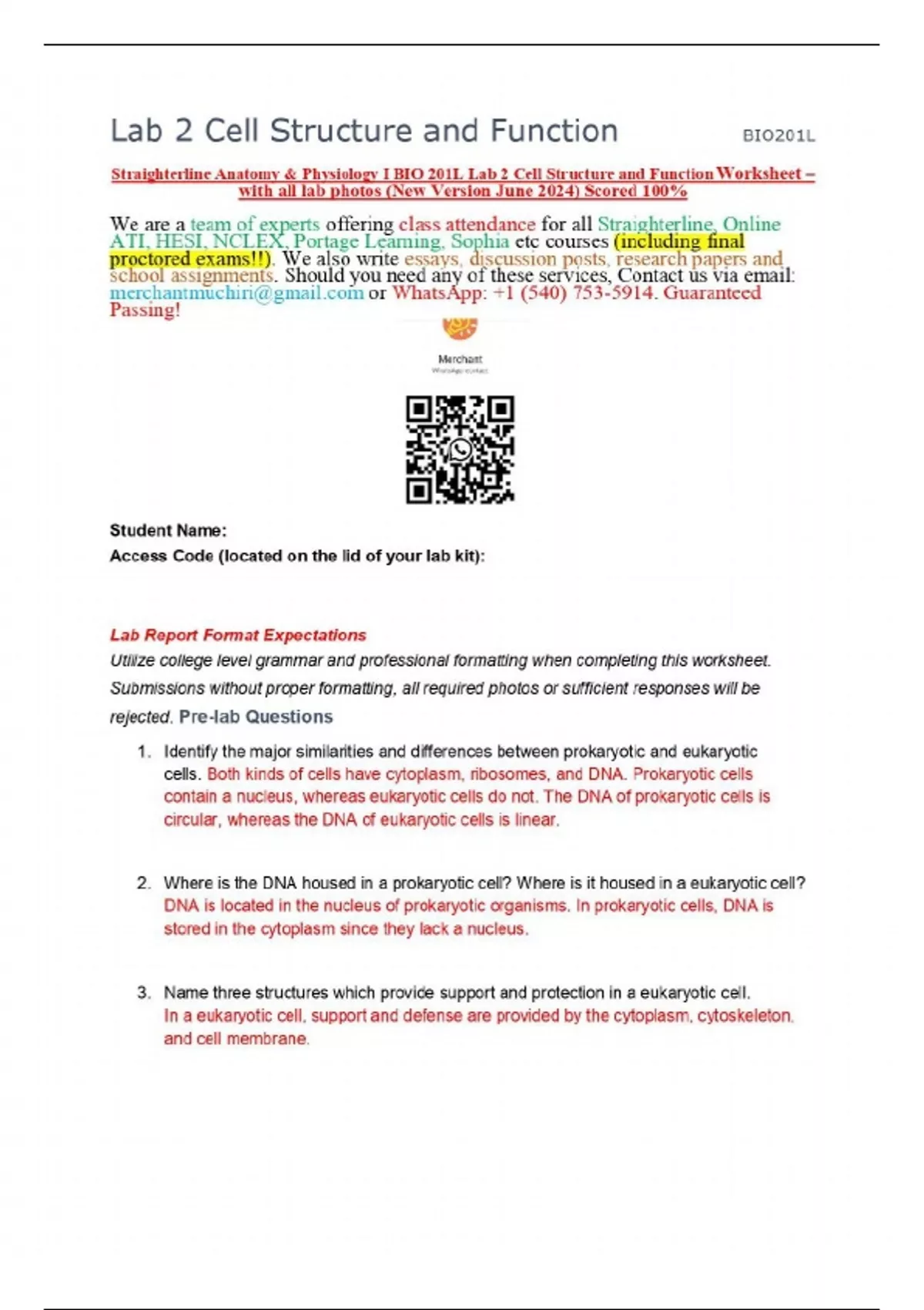 Straighterline Anatomy & Physiology I BIO 201L Lab 2 Cell Structure and ...
