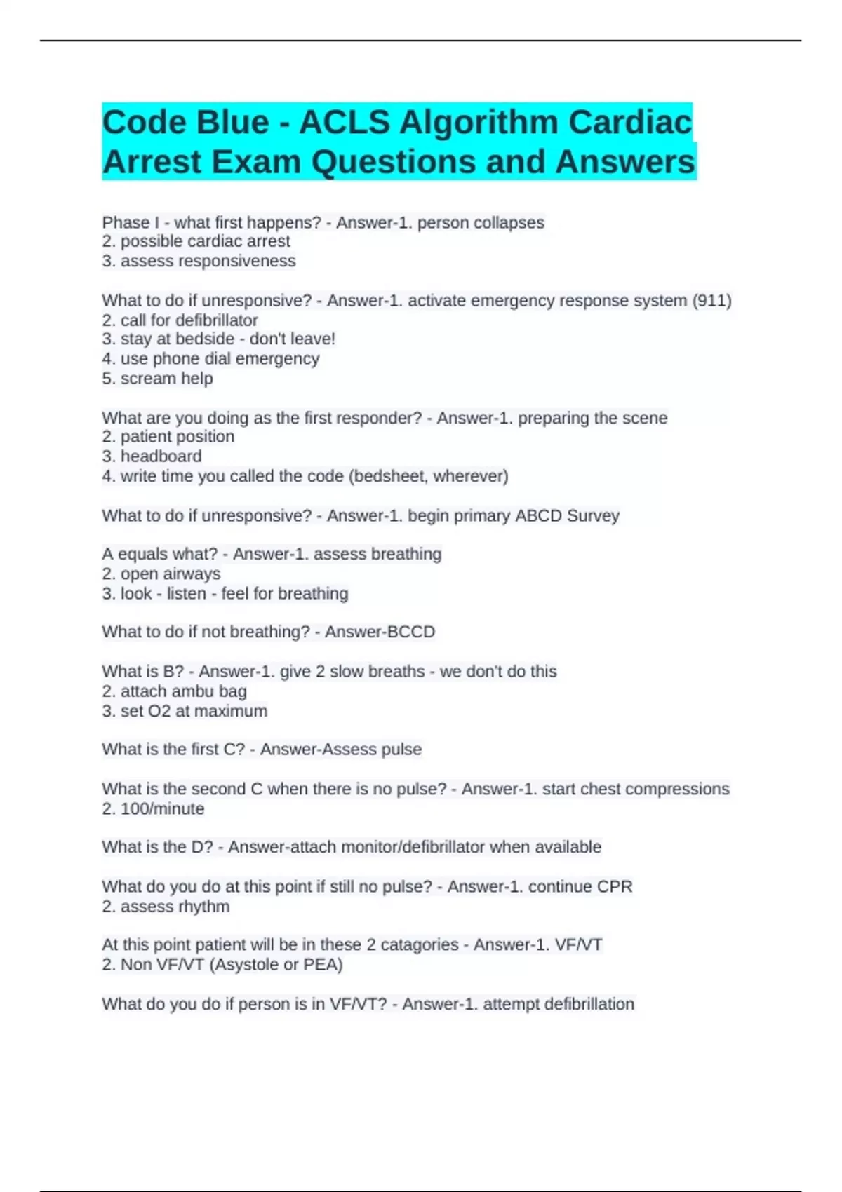 Code Blue - ACLS Algorithm Cardiac Arrest Exam Questions and Answers ...